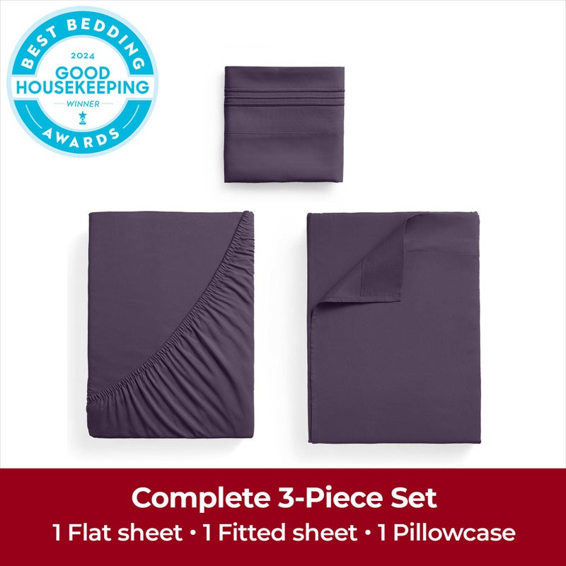 Mellanni Twin Sheets Set - 3 PC Iconic Collection Bedding - Hotel Luxury, Extra Soft, Cooling Bed Sheets - Wrinkle, Fade, Stain Resistant (Twin, Purple) - Image 2